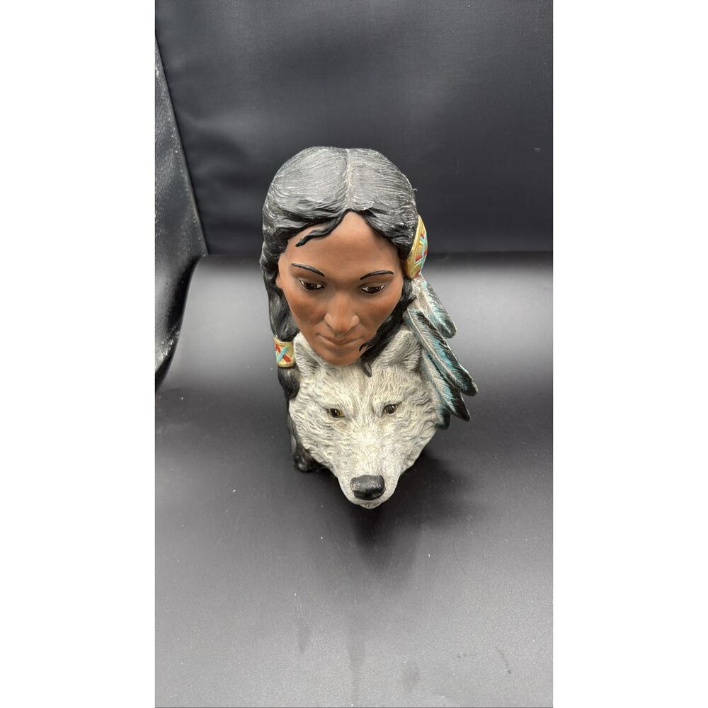 Sundance Native American Woman Wolf Figurine Ceramic Statue Hand Painted
